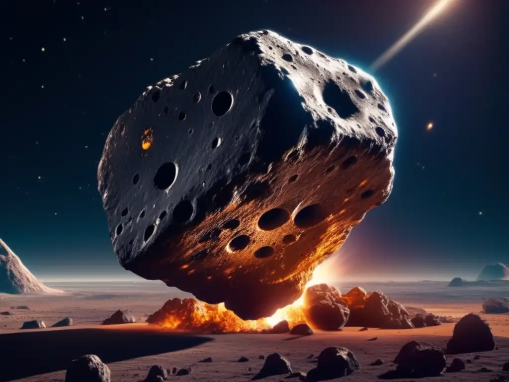 A breathtaking image of a colossal asteroid hovering menacingly in the distance, with a lone spacecraft arriving to confront it