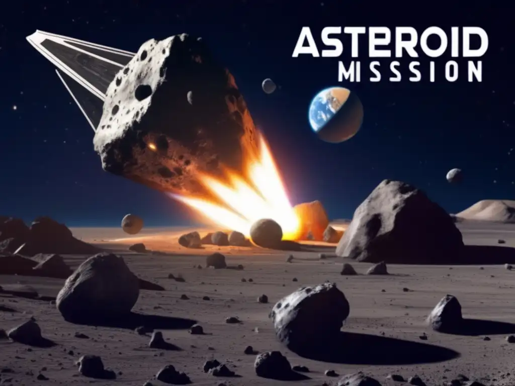 A breathtaking photorealistic depiction of an asteroid deflection mission, showcasing multiple spacecraft in concerted action around a sizeable, jagged asteroid between Earth and Moon orbits