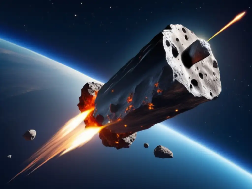 A photorealistic image of a highly detailed asteroid heading straight towards Earth, its fiery surface illuminating the sky, with a deflection satellite similar to NASA's DART spacecraft intercepting it, resulting in a successful 90%+ deflection, saving the planet from harm, and altering the asteroid's trajectory