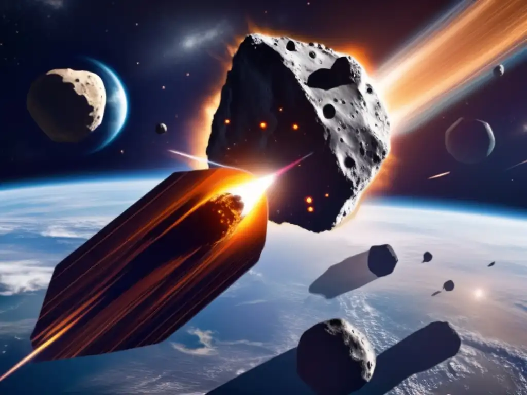 An urgent photorealistic image portrays a colossal asteroid rapidly approaching Earth, with NASA's planet defense ships in hot pursuit