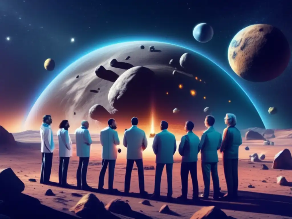 A photorealistic illustration of a group of scientists huddled around a large screen, each lost in thought as an asteroid approaches Earth