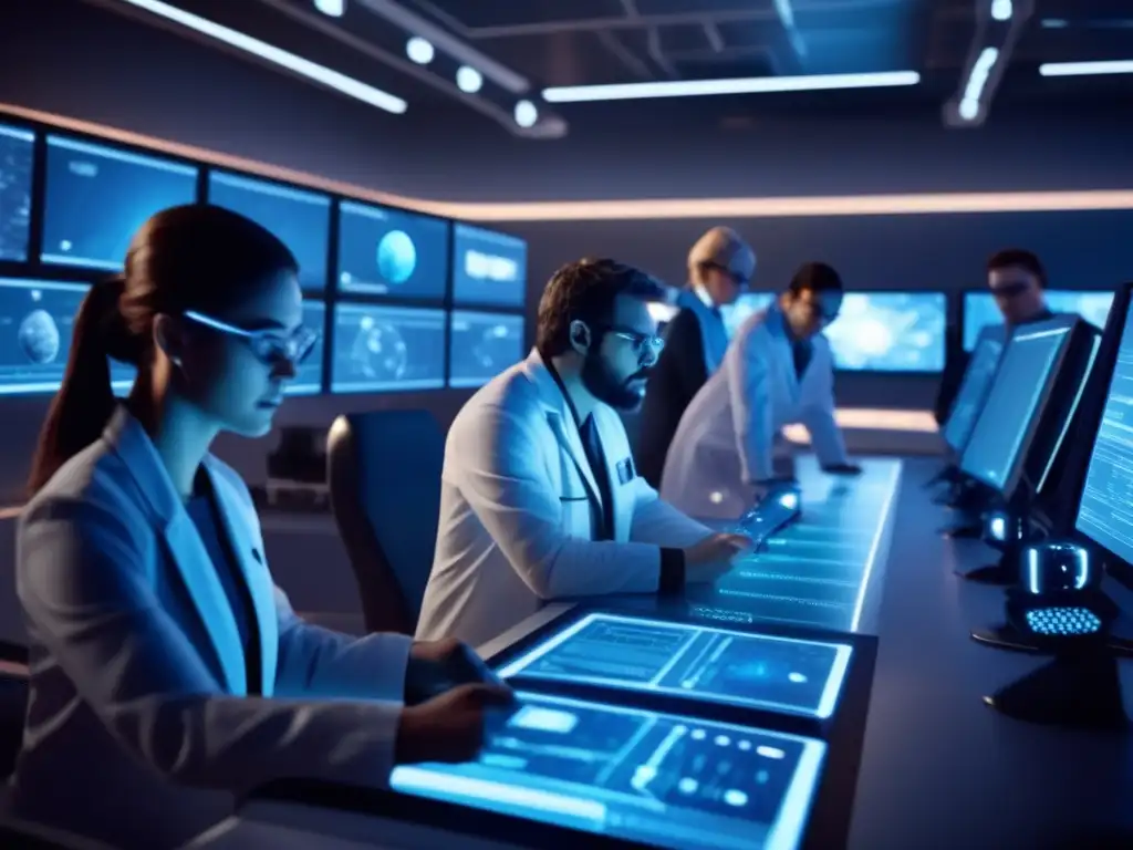 A photorealistic depiction of a group of dedicated scientists in a dimly lit lab, working on a mission to prevent an asteroid collision with Earth