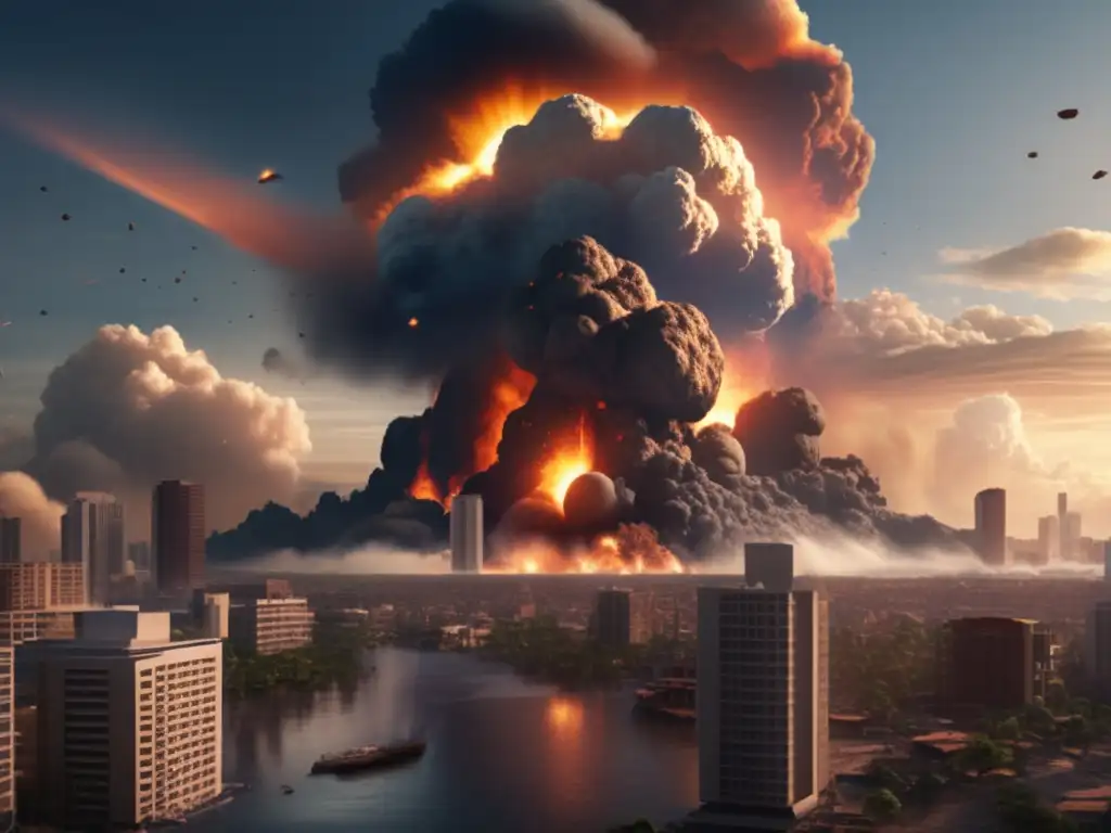 Photorealistic depiction of a devastating asteroid impact on a Mesoamerican city, causing chaos and destruction