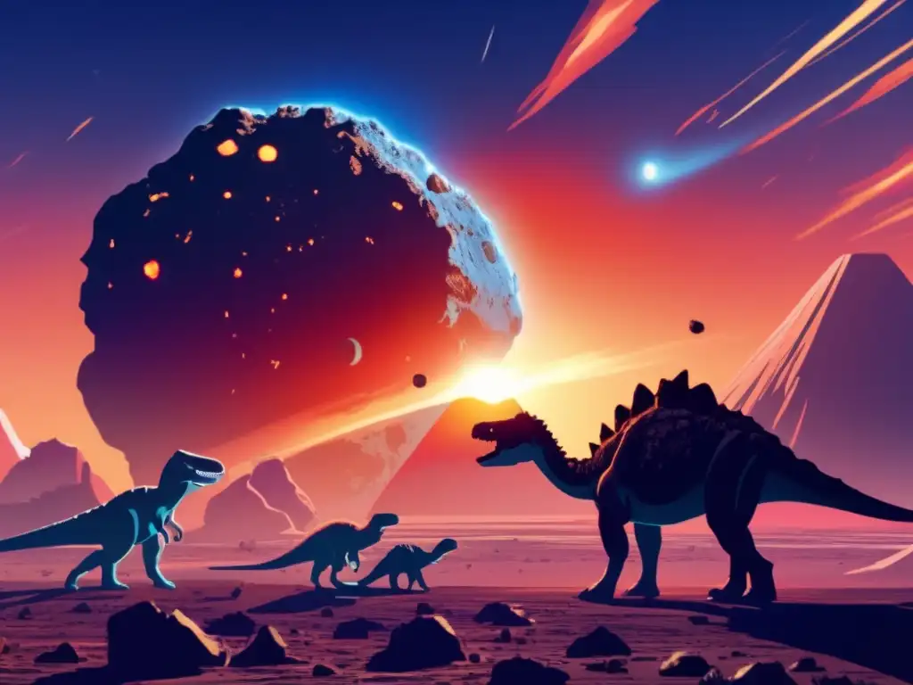 Massive asteroid hurtling towards Earth, rising out of blue sky as sun rises, causing dinosaur extinction