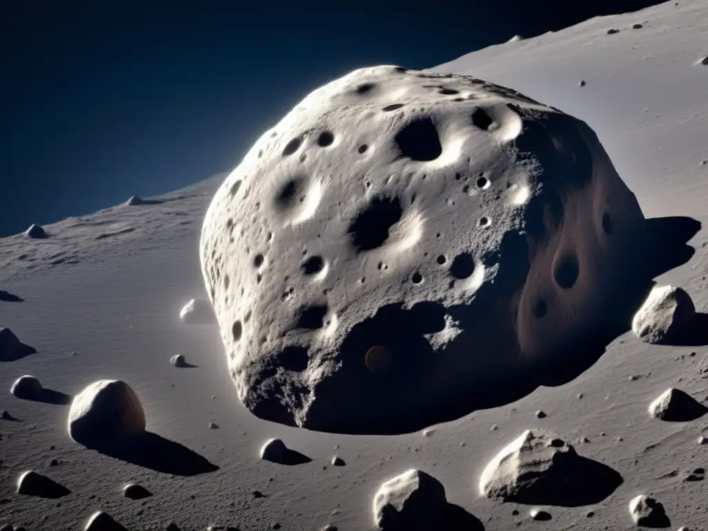 Stunning high-resolution image of a mainbelt asteroid from orbit, showcasing its rocky surface with visible craters, ridges, and valleys, appearing roughly spherical with an estimated diameter of around 300 meters