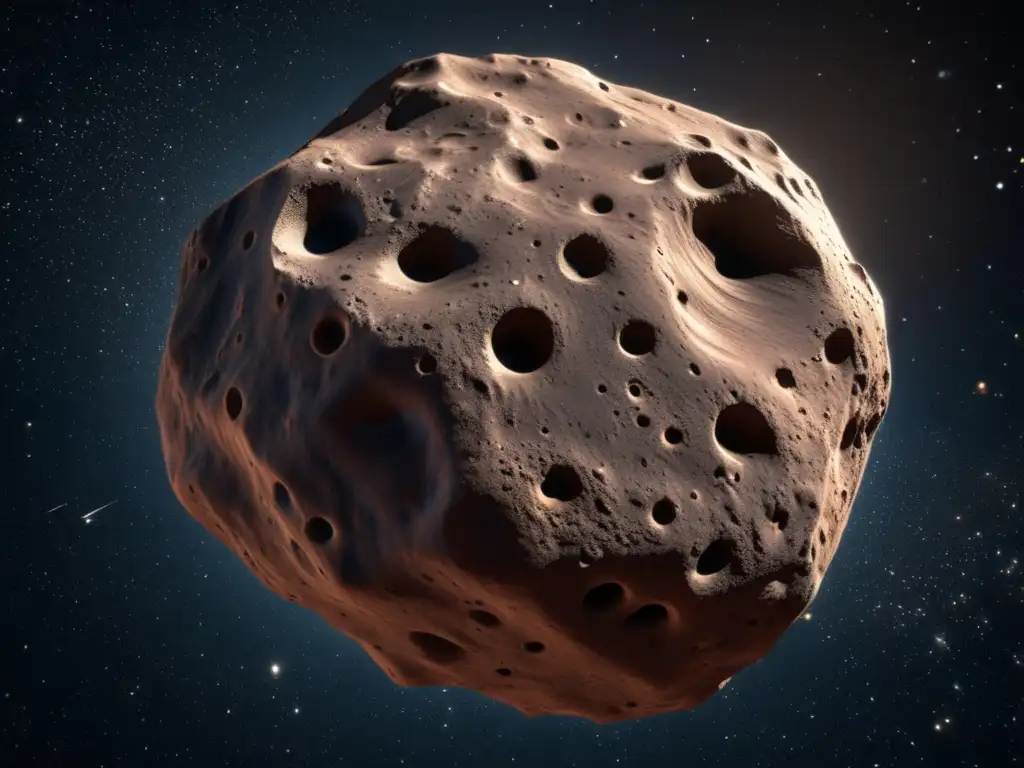 An asteroid, zoomed in to reveal its intricate surface details, appear reddishbrown with white speckles