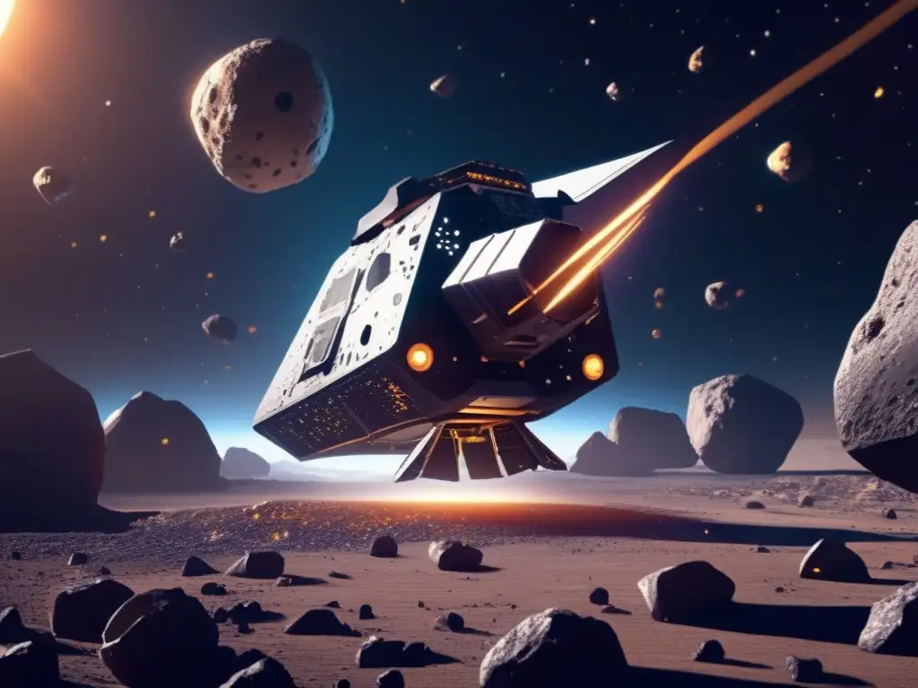 A photorealistic image of a futuristic spacecraft navigating through an expansive asteroid field, equipped with state-of-the-art asteroid detection and diversion technologies