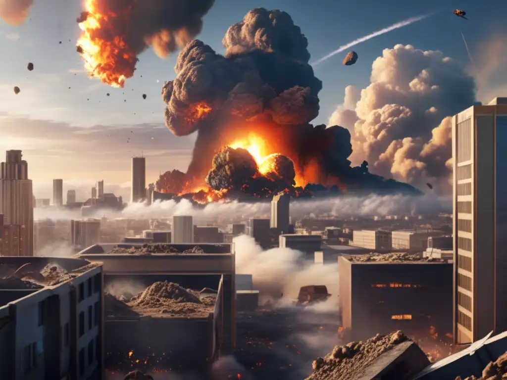 A photorealistic image captures the devastating impact of an asteroid, leaving a destroyed cityscape in its wake