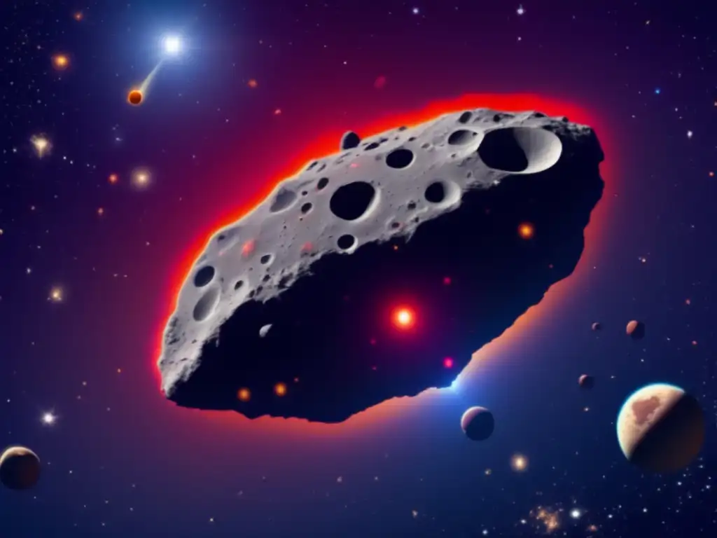 A stunning photorealistic depiction of a massive asteroid in space, with Euphorbus in the foreground