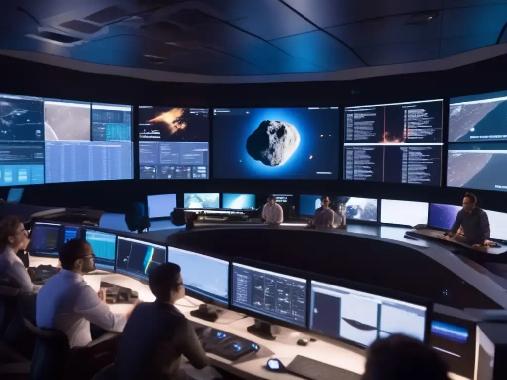 A stunning photograph captures a group of scientists and engineers in a control room, diligently studying complex maps of asteroids and inputting data