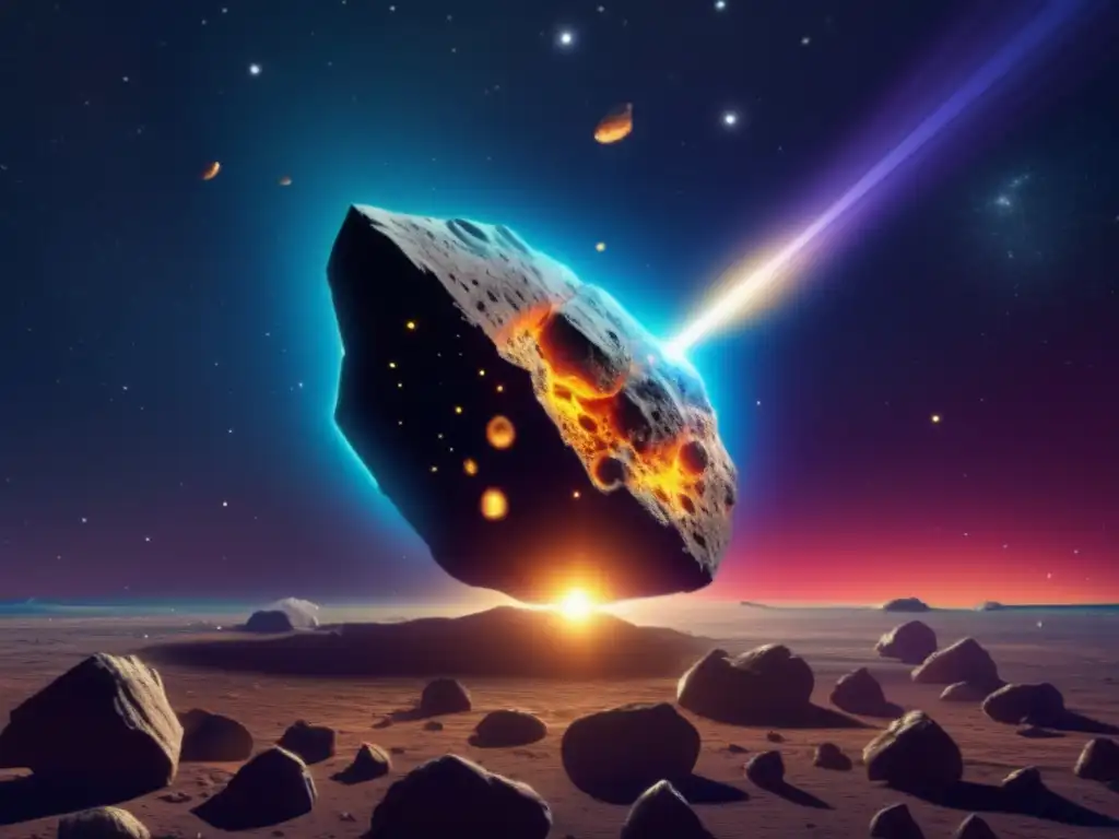 Dashing into the unknown depths of space, a photorealistic asteroid rules with stark beauty - a flawless rectangular opening reveals a beam of vibrant light, while delicate botanical leaf-like patterns suggest biogenic activity on its surface