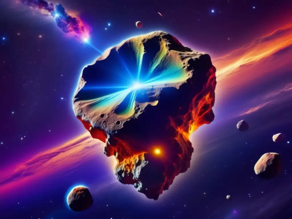 An image of a dazzling, chemically rich asteroid adorned with visible veins and mineral formations, surrounded by a nebula of vibrant colors