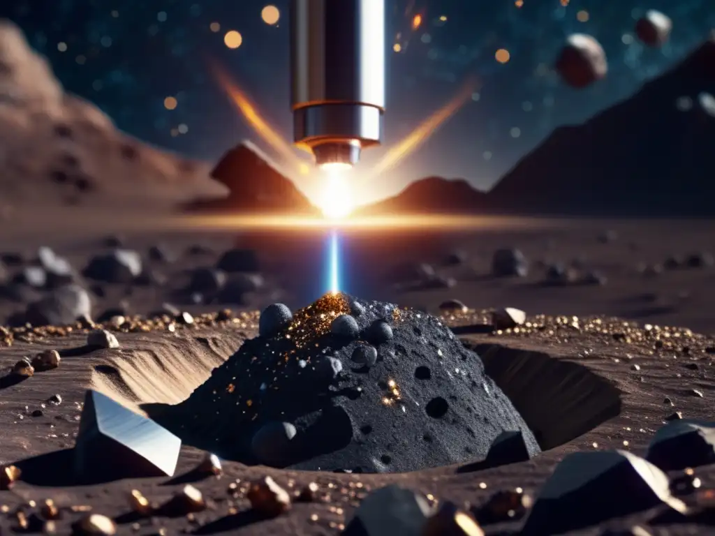 Cosmic Trails: Explore the dazzling future of asteroid mining through this photorealistic image that captures the drilling process and the vast, glittering resources that result