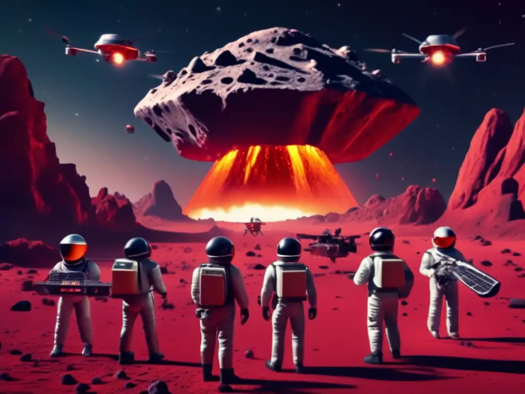 A photorealistic image of an asteroid surrounded by a group of drones in a retro TV show style, with a human in a spacesuit controlling them