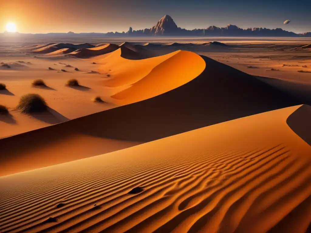 This photorealistic image portrays a breathtaking vast desert dune landscape, with deep orange and yellow sand dunes stretching as far as the eye can see