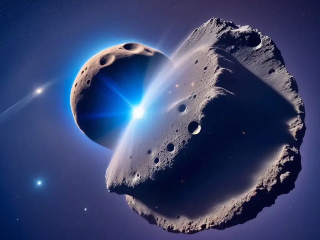 alt text: 
A spinning blue asteroid radiates with an ethereal light as it orbits through a cloud of dust and debris