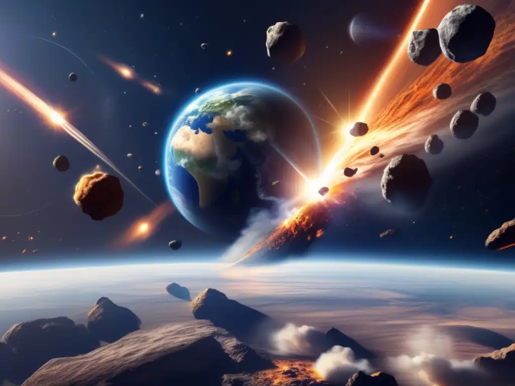 A photorealistic image showing Earth from the side, with asteroids orbiting around