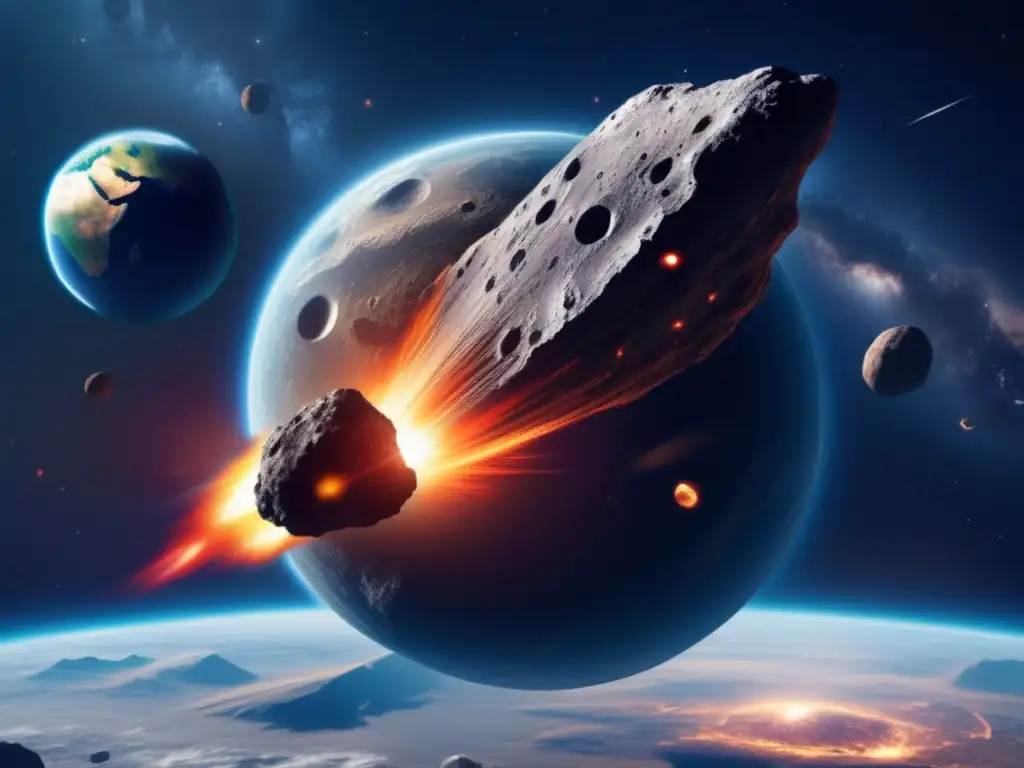 A photorealistic depiction of an asteroid hurtling towards Earth, its intricate surface markings and craters ominously hinting at the collision course