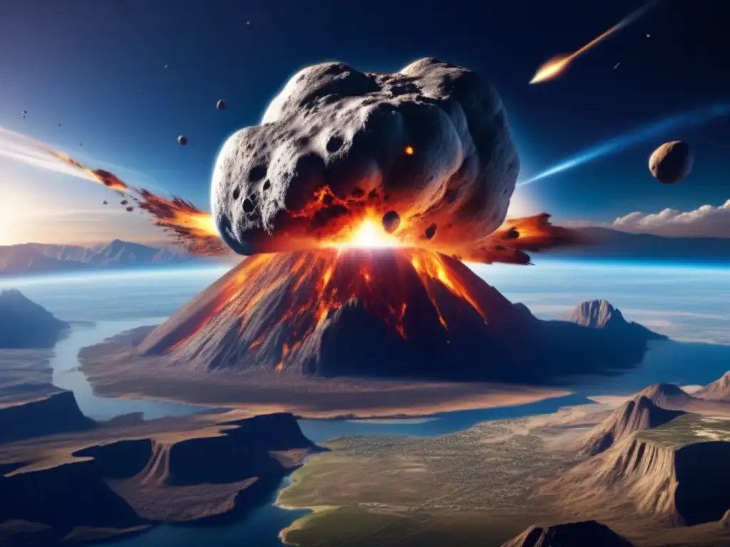 A photorealistic image portrays the apocalyptic collision of a massive asteroid with Earth in slow motion