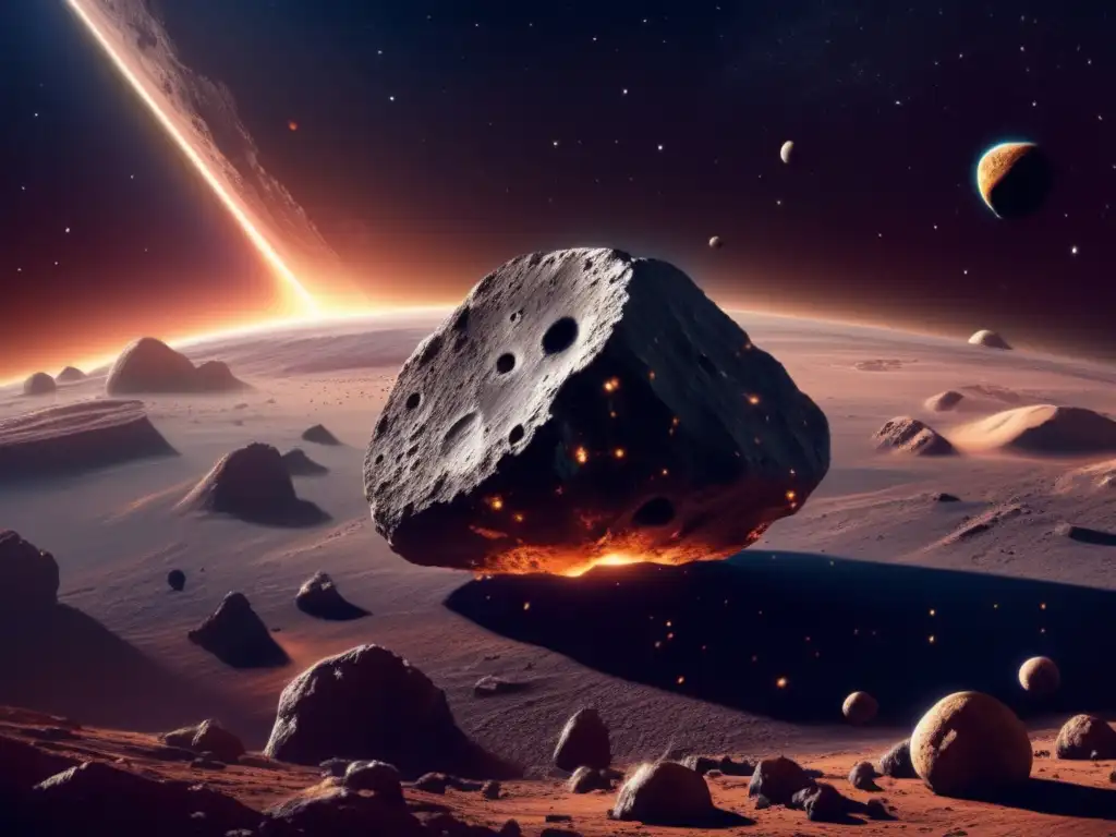 A photorealistic depiction of a gigantic asteroid with Earth in the distance, illustrating the intricate geology of these celestial bodies