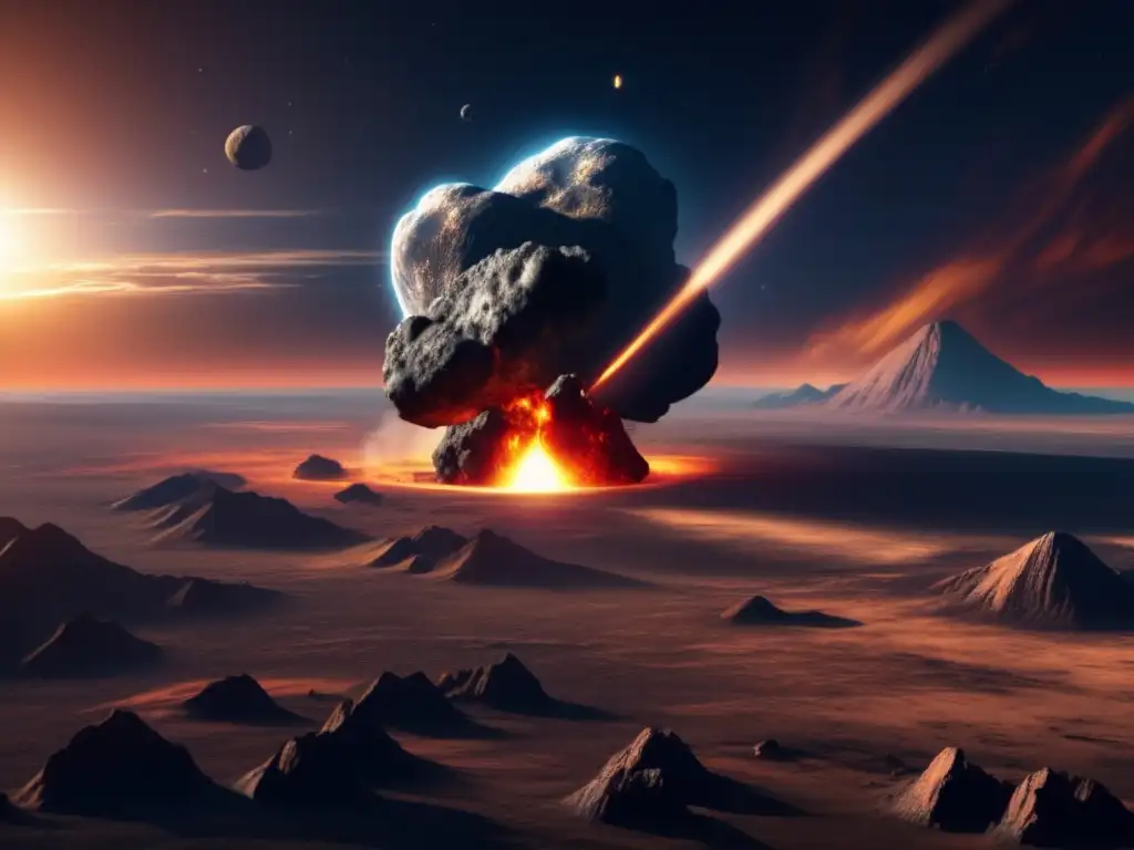 A photorealistic depiction of an asteroid stealing the Earth's sky, a jagged surface reflecting sunlight and casting dark shadows on the ground