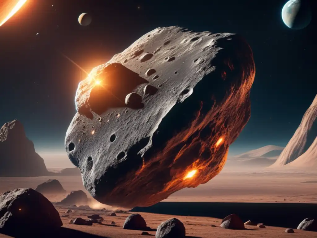 Wow, a photorealistic depiction of a massive asteroid hovering over a beautiful blue planet! The unique rock formations and textures on the asteroid suggest a potential home for diverse life forms, with lush forests and sparkling seas hidden beneath the surface