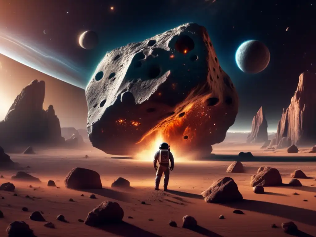 A stunning photorealistic depiction of a massive asteroid, with intricate rock formations and sharp edges, set against a backdrop of infinite space