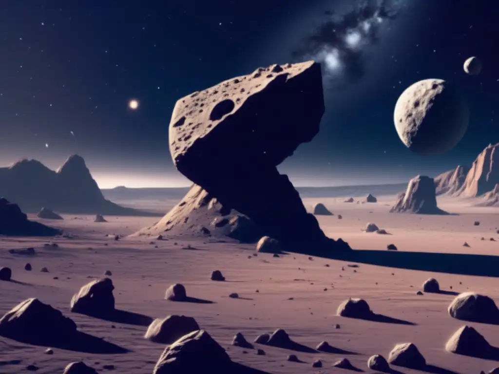 Dynamic and visually stimulating image of a vast, open space featuring a large, jagged rock asteroid approaching from the left