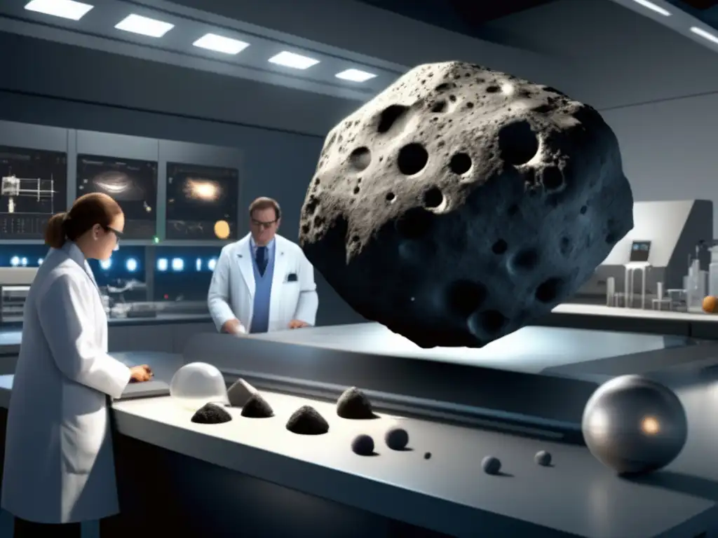 Scientists closely examine a large, pockmarked spherical asteroid in a laboratory setting, dressed in white lab coats