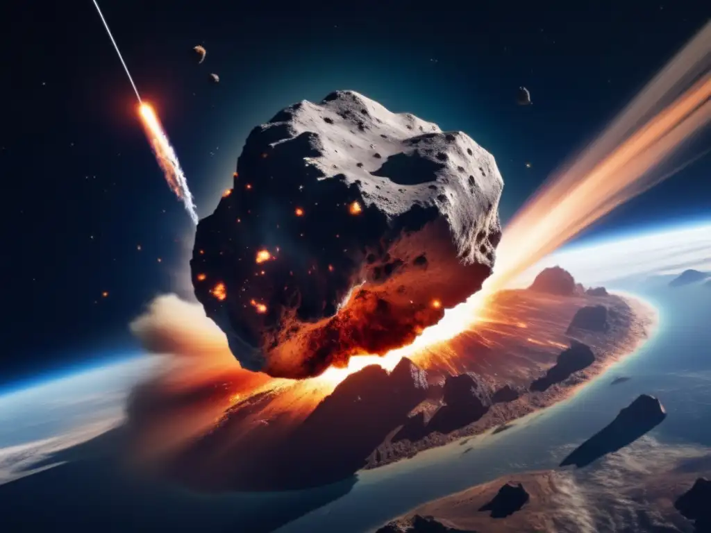 A stark, muted image of the asteroid's explosive strike on Earth, casting an eerie glow on the damage below