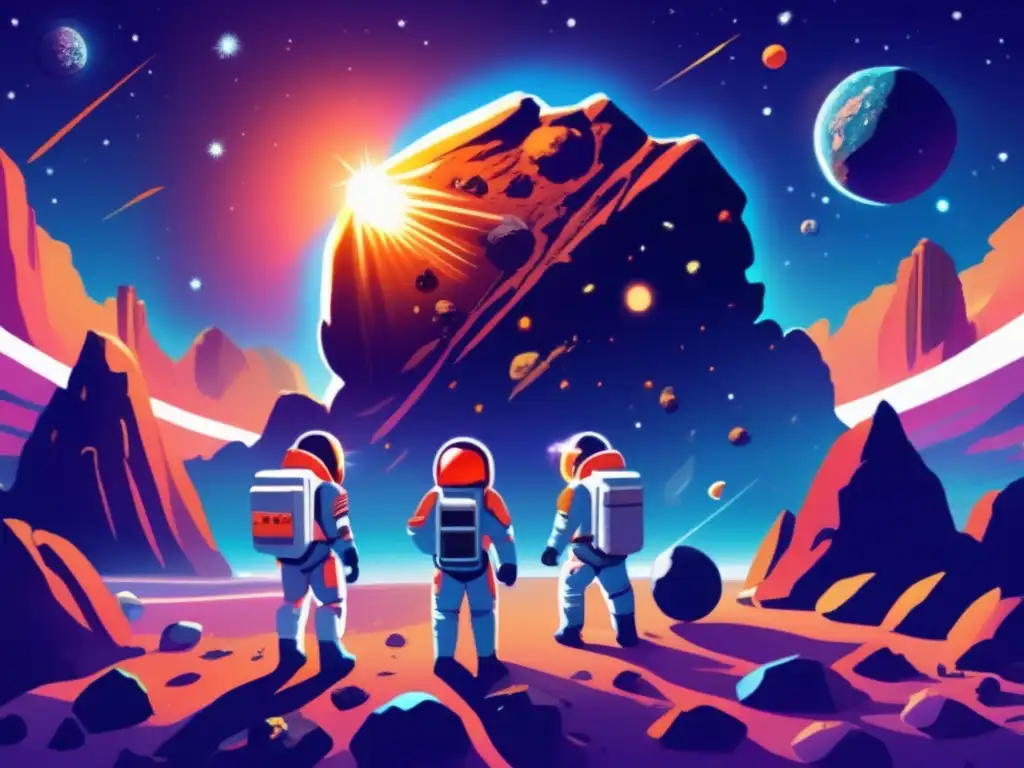 An intricate illustration of a volcanic asteroid in space, brimming with vibrant colors and life