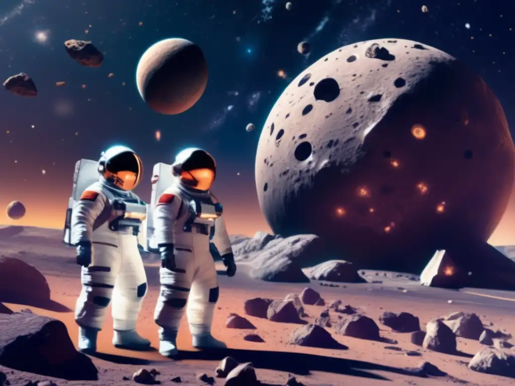A breathtaking photorealistic image of astronauts in futuristic suits stand in front of a colossal asteroid