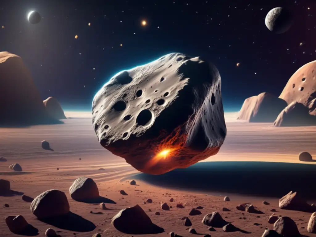 A stunning photorealistic illustration of an asteroid floating in space, captured with a deep depth of field