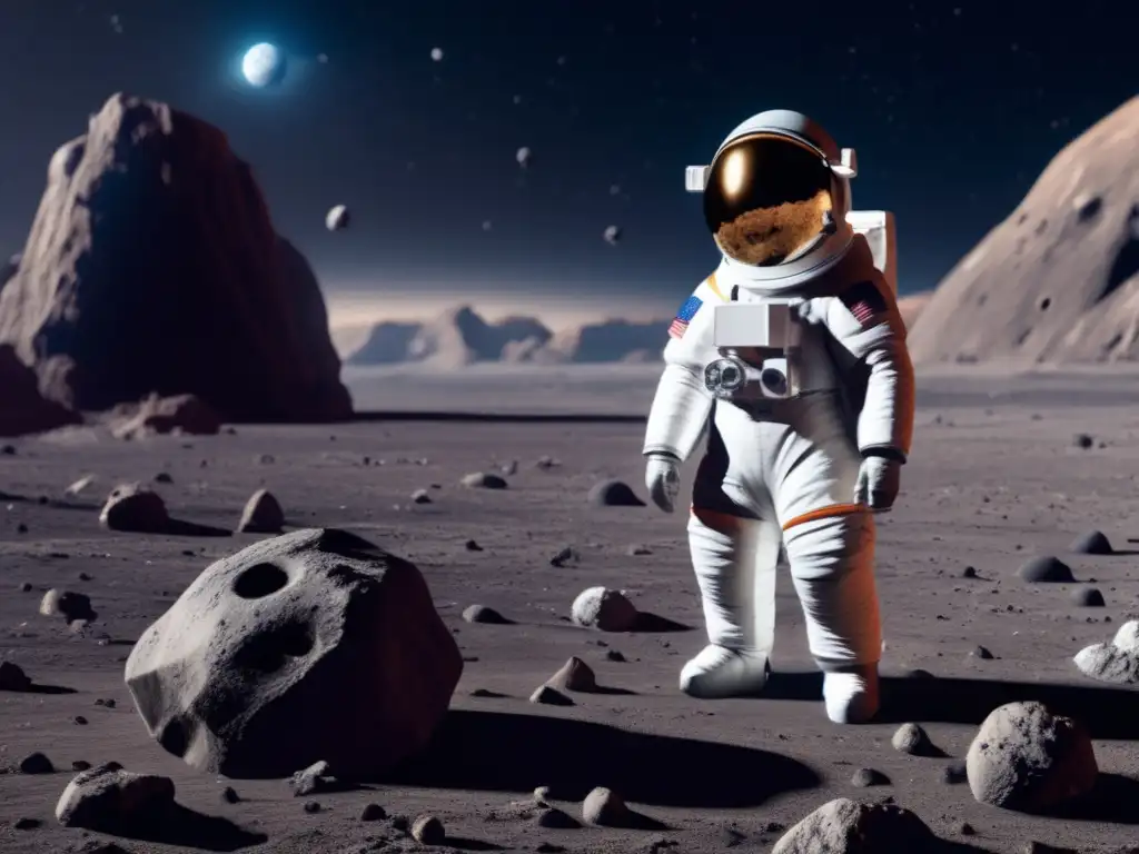 A breathtaking photorealistic image of an asteroid, with a lone astronaut exploring its surface in a human space suit