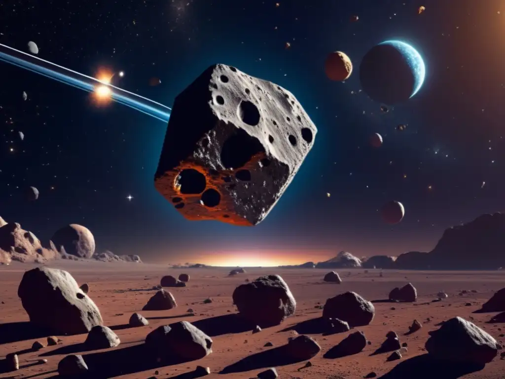 Photorealistic image of an asteroid field and spacecraft flying through a cosmic landscape