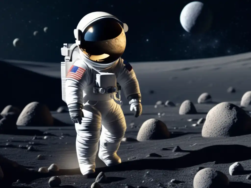 An intense photorealistic image captures a brave space suit exploring an asteroid belt, casting a stark contrast between the bright white asteroid and the vast blackness of space