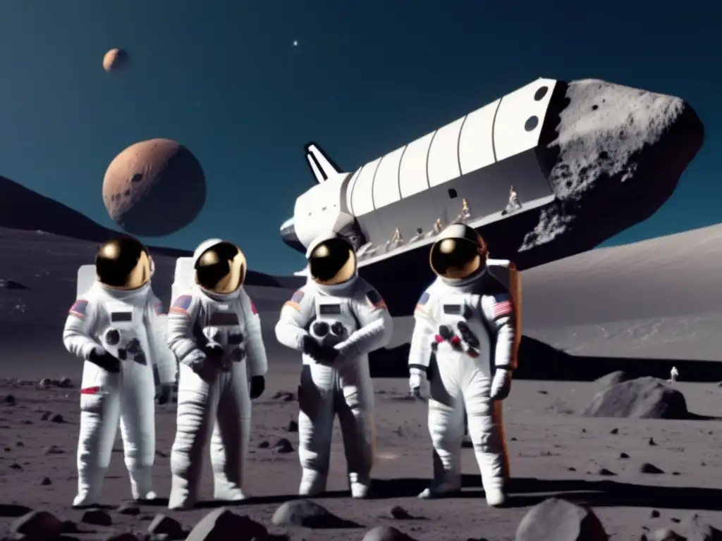 A breathtaking image of a research team in futuristic suits standing in front of a photorealistic metallic asteroid, holding various instruments while gazing in awe as a Space Shuttle takes off behind them, symbolizing technological advancement and discovery, and igniting curiosity about the vast universe beyond