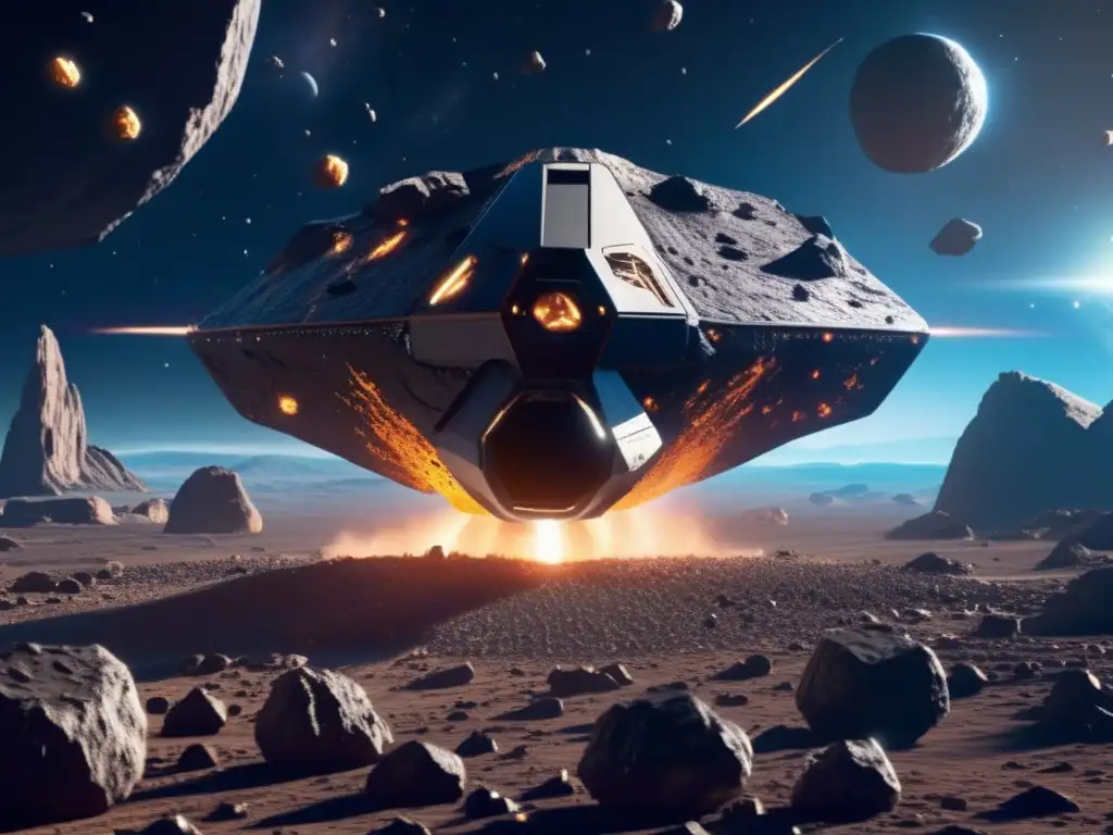 A photorealistic depiction of an exploratory spaceship navigating through a field of jagged asteroids, with sleek, futuristic designs and advanced equipment