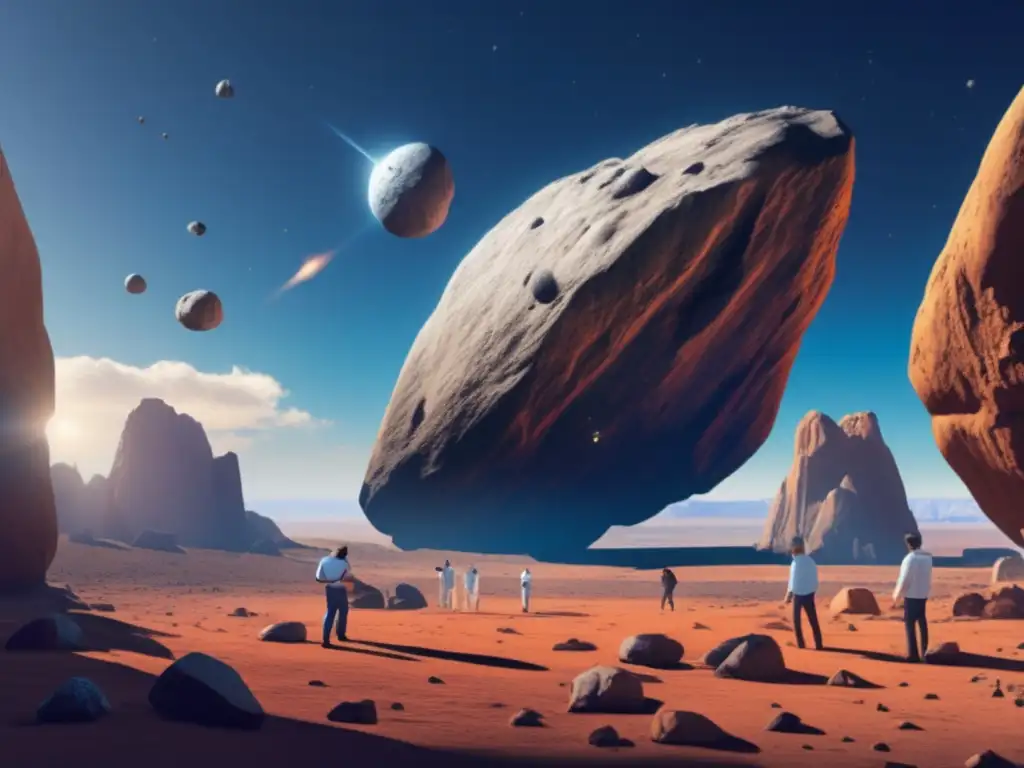 Discovering Ganymed: A photorealistic image of scientists examining a massive asteroid suspended between two rocks in a clear blue sky