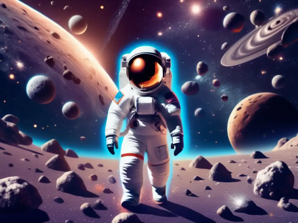 An astronaut in a spacesuit, navigating an ethereal ocean of glowing asteroids, with swirling galaxies and nebulae in the background