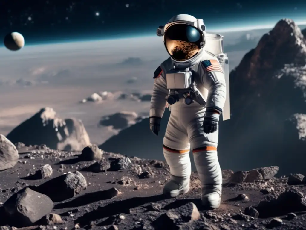 An astronaut stands confidently on an asteroid, amidst a breathtaking panorama of the cosmos