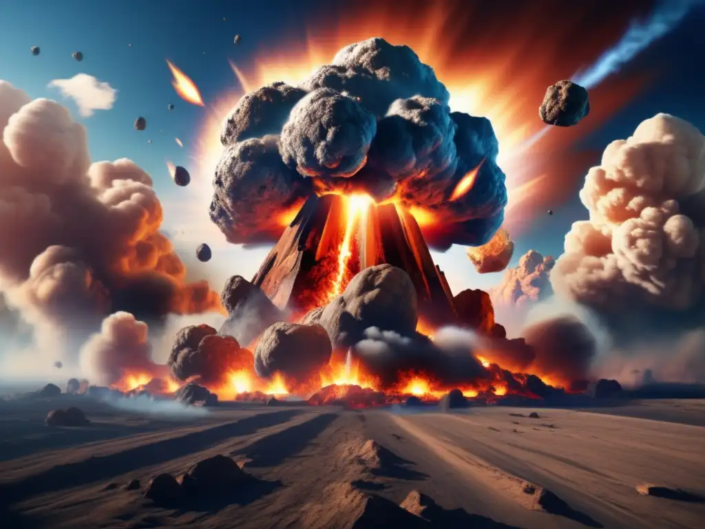 A terrifying beauty captured by photorealistic art, showcasing a gigantic asteroid exploding midair