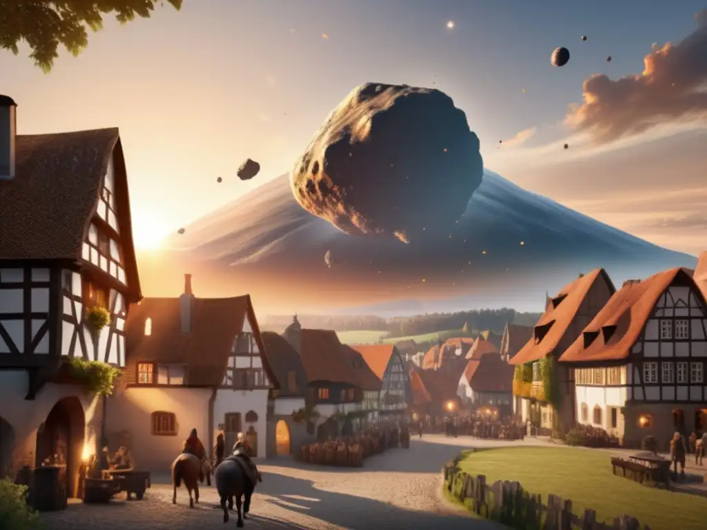 An asteroid soars through the sky against a medieval German village, the sun rising in the background and illuminating the sky with its rays
