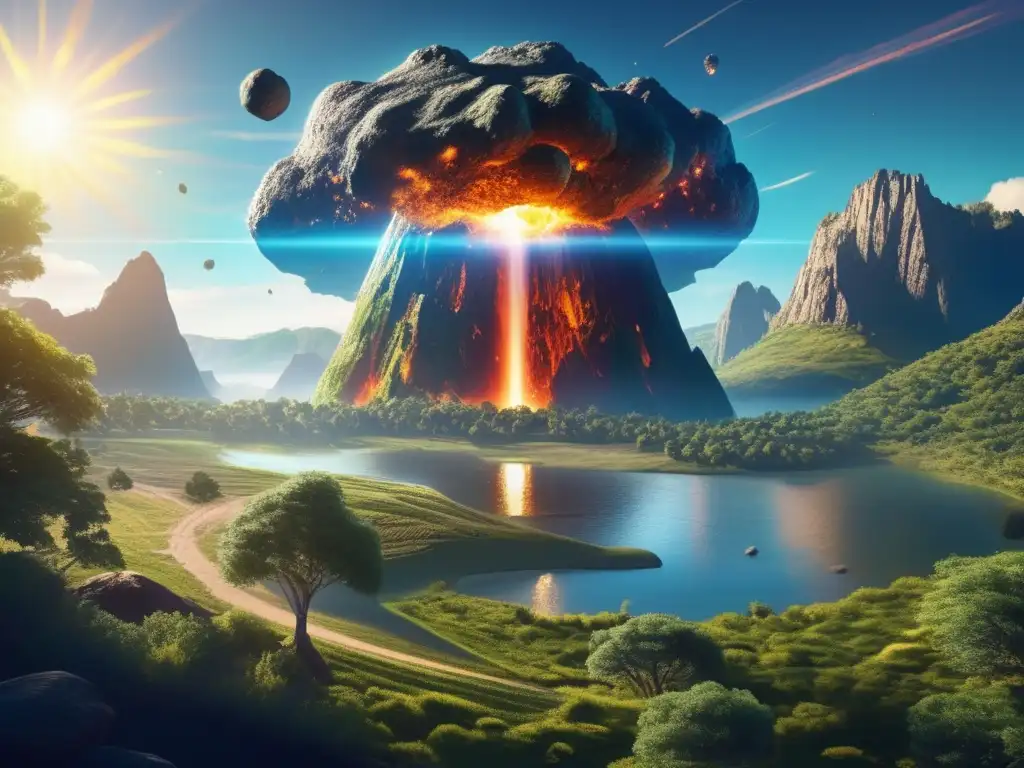 Dynamic detailed image of an asteroid exploding to reveal a verdant planet, featuring water streaming through the landscape, majestic trees soaring over hills, and an expansive blue sky filled with the bright sun, casting elongated shadows on the terrain