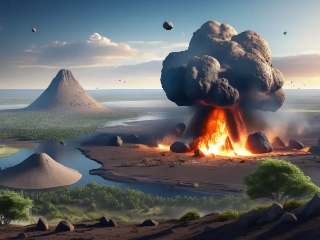 A photorealistic depiction of an asteroid impact site, destroying the ecosystem beyond recognition