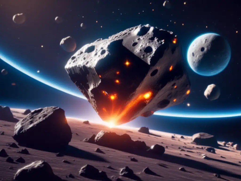 A striking photorealistic depiction of an asteroid, larger than a spaceship, surrounded by other space debris in the background
