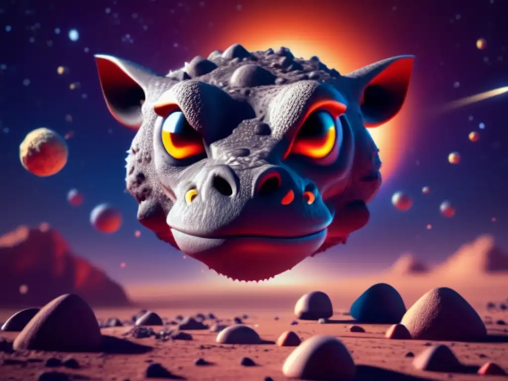 A 3D model of a ferocious dragon-like asteroid, with Gorgon's eyes piercing the viewer's soul
