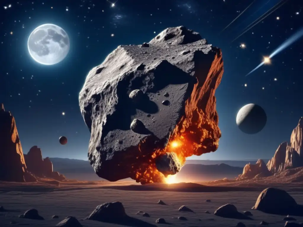 A photorealistic illustration captures the beauty of an asteroid falling through the night sky, its jagged surface catching the light from the moon and stars