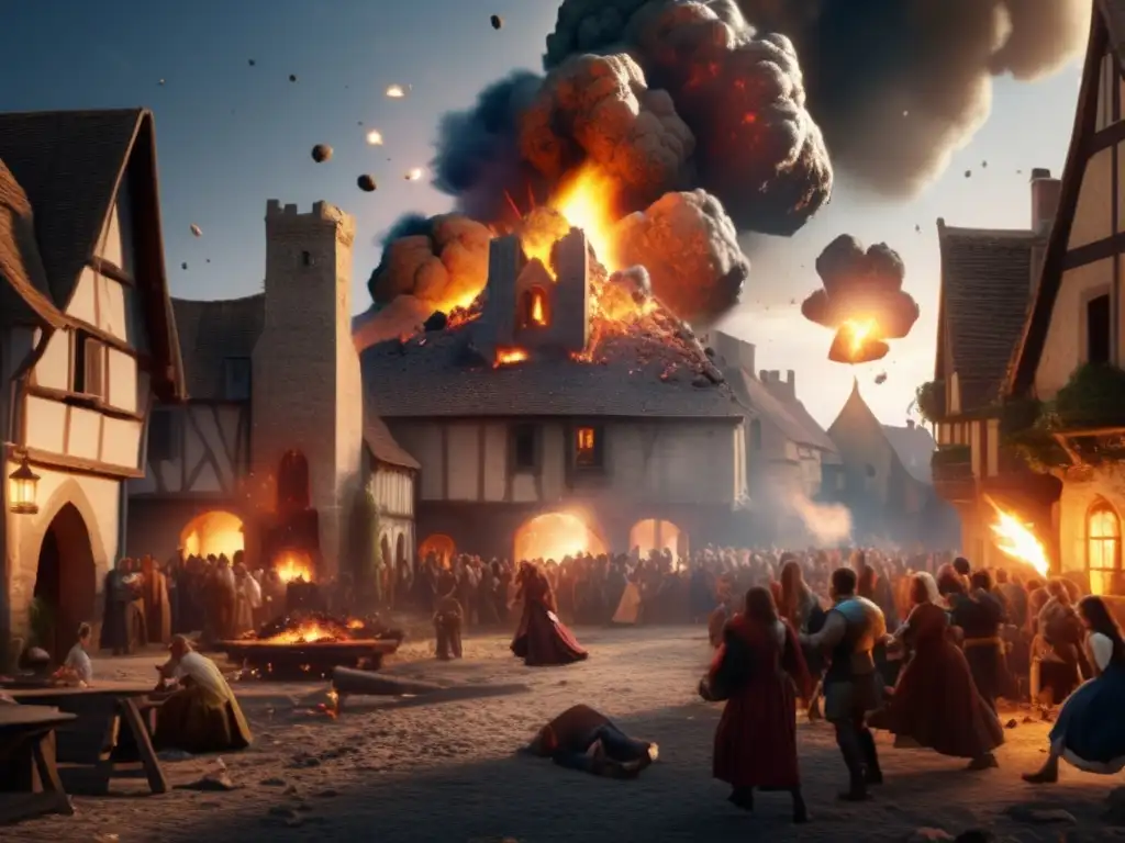 A tragic asteroid impact during a festive moment in a medieval village, with lifeless bodies scattered amongst the smoke and wreckage