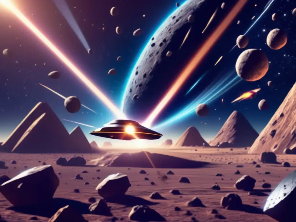 A photorealistic depiction of a spaceship flying through a field of asteroids